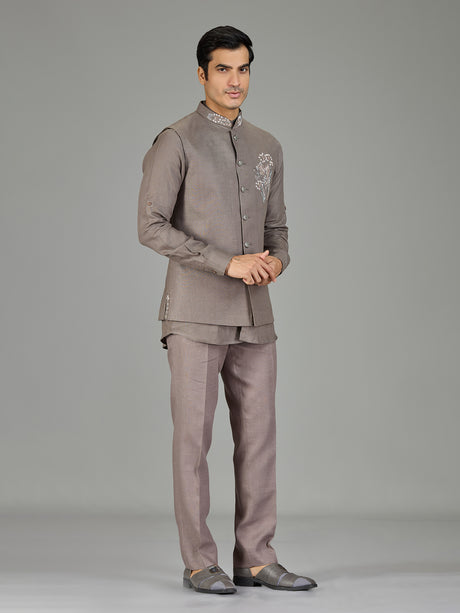 Stone grey linen nehru jacket set