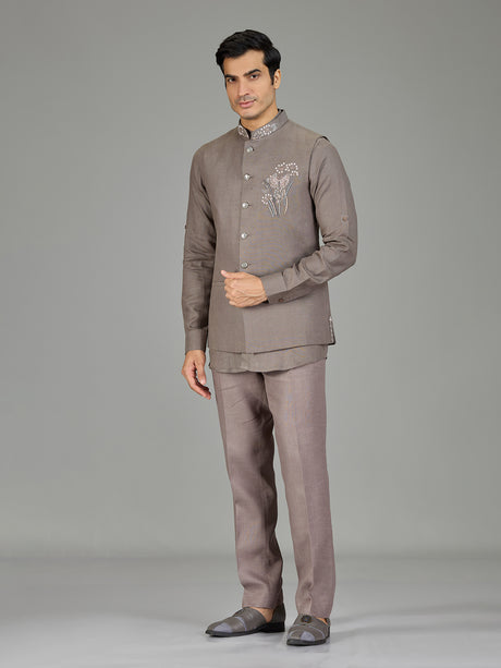Stone grey linen nehru jacket set