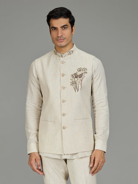 Cream botanical spray zardosi linen waistcoat set