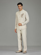 Cream botanical spray zardosi linen waistcoat set