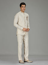 Cream botanical spray zardosi linen waistcoat set