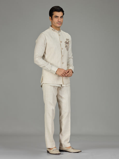 Cream botanical spray zardosi linen waistcoat set