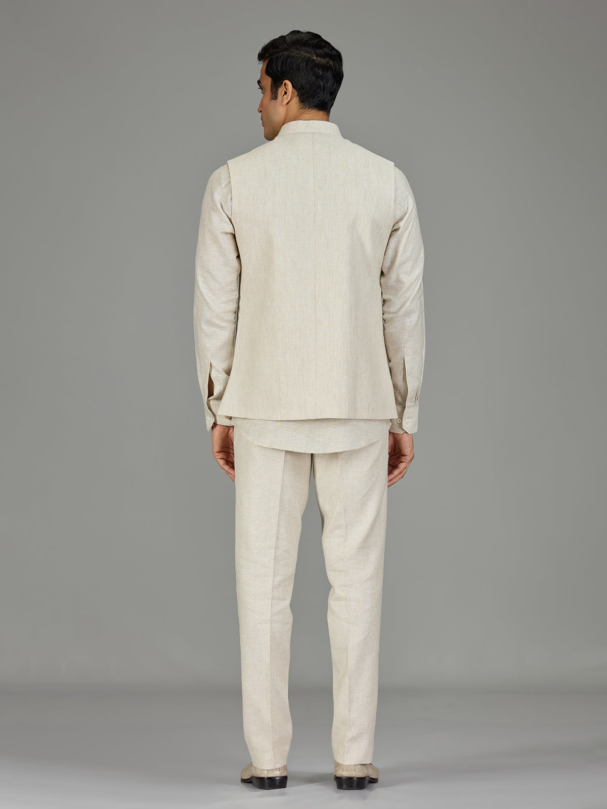 Cream botanical spray zardosi linen waistcoat set
