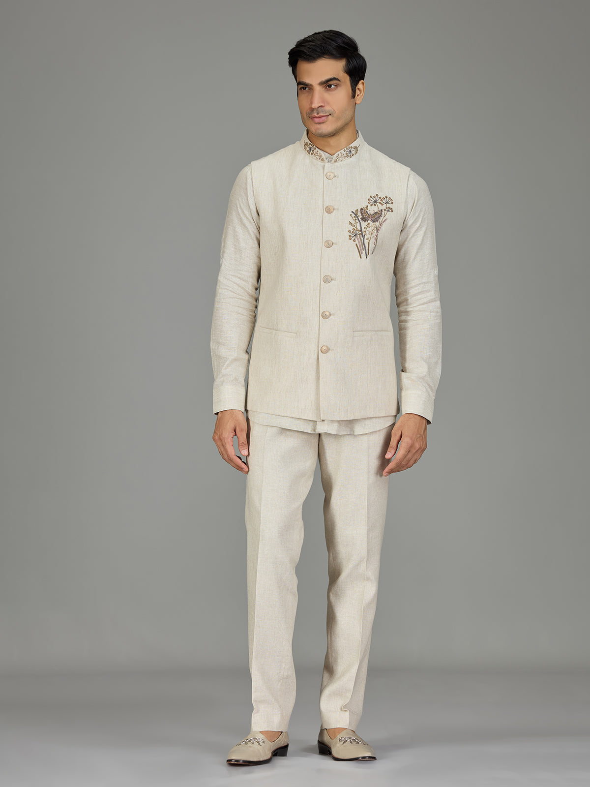 Cream botanical spray zardosi linen waistcoat set