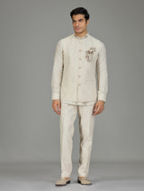 Cream botanical spray zardosi linen waistcoat set