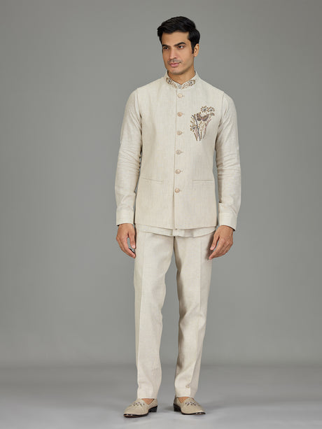 Cream botanical spray zardosi linen waistcoat set