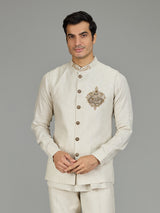 Cream signature floral medallion linen nehru jacket set