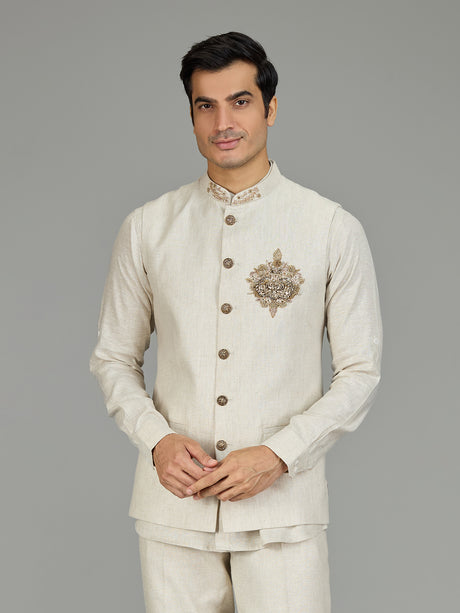 Cream signature floral medallion linen nehru jacket set