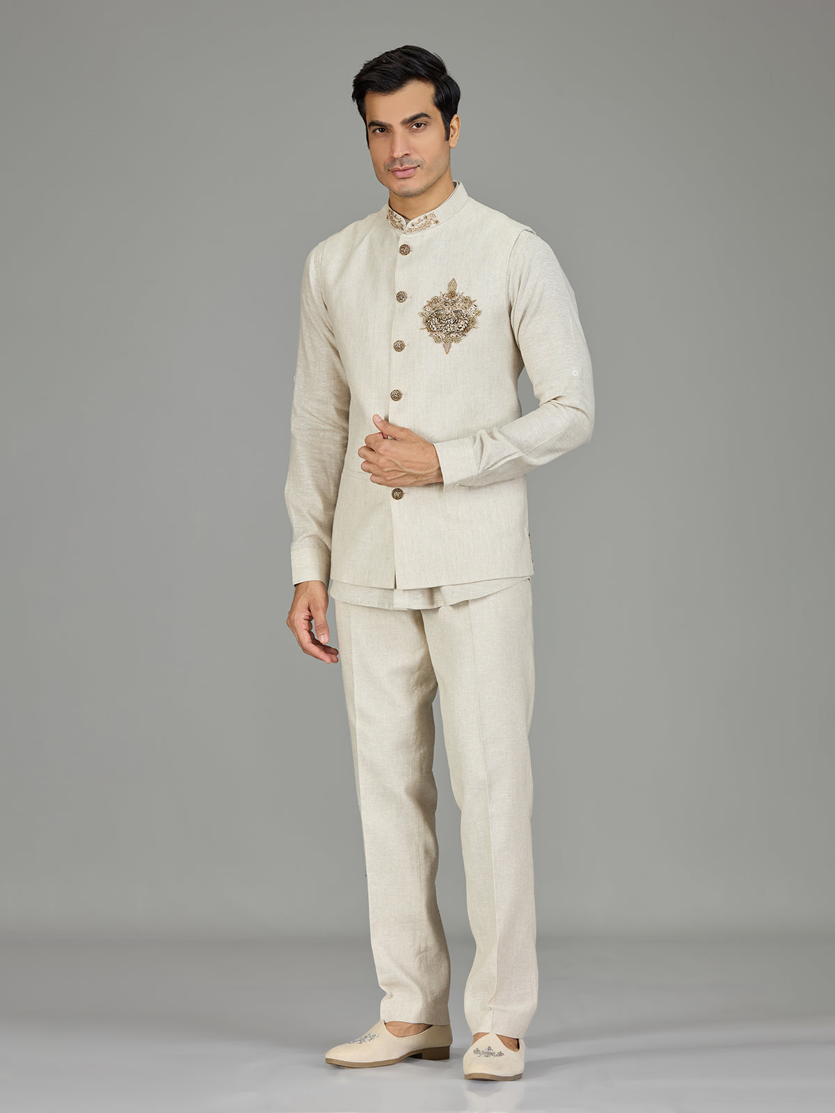 Cream signature floral medallion linen nehru jacket set