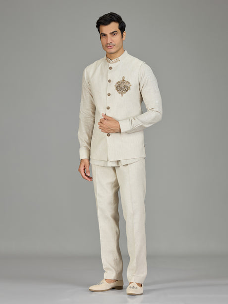 Cream signature floral medallion linen nehru jacket set
