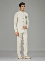 Cream signature floral medallion linen nehru jacket set