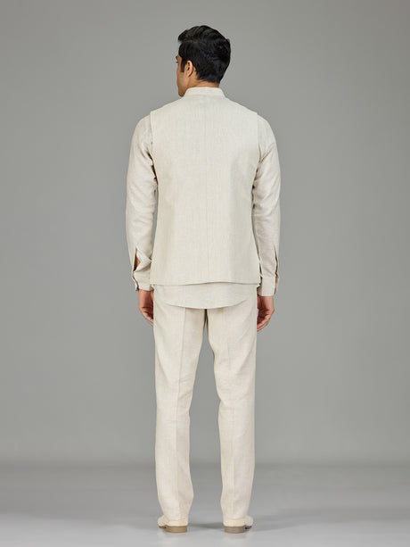 Cream signature floral medallion linen nehru jacket set