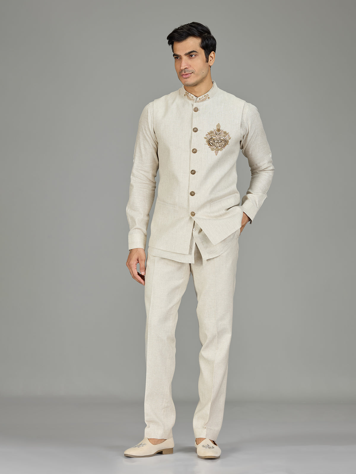 Cream signature floral medallion linen nehru jacket set