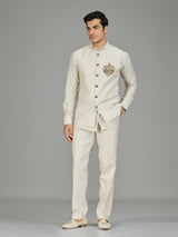 Cream signature floral medallion linen nehru jacket set
