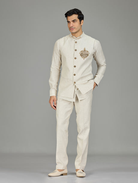 Cream signature floral medallion linen nehru jacket set