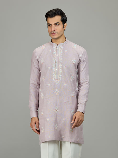 Lilac purple designer linen men kurta