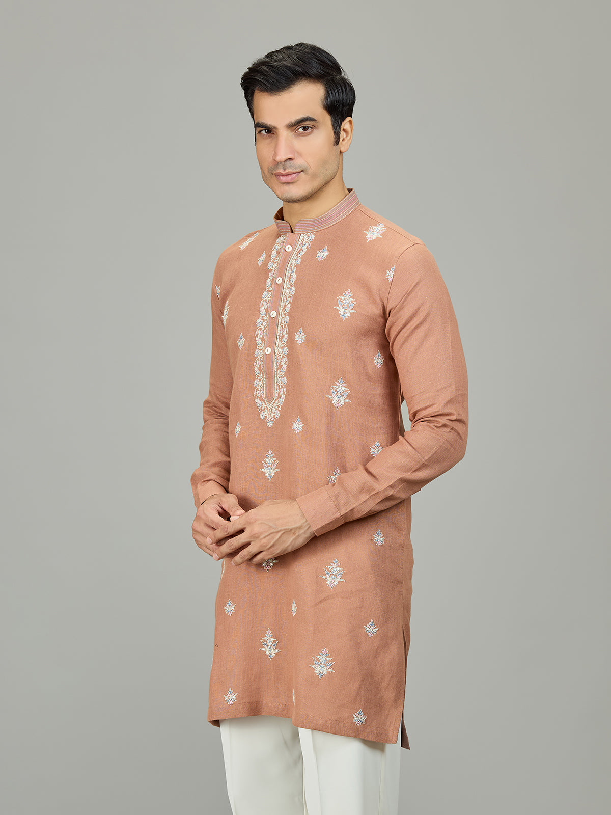 Rust peach botanical linen men kurta
