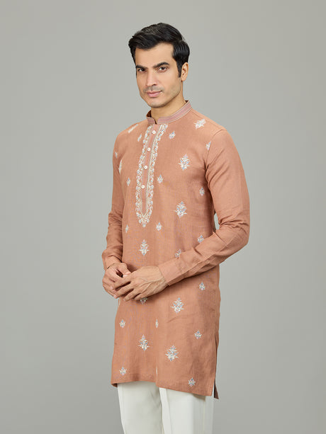 Rust peach botanical linen men kurta