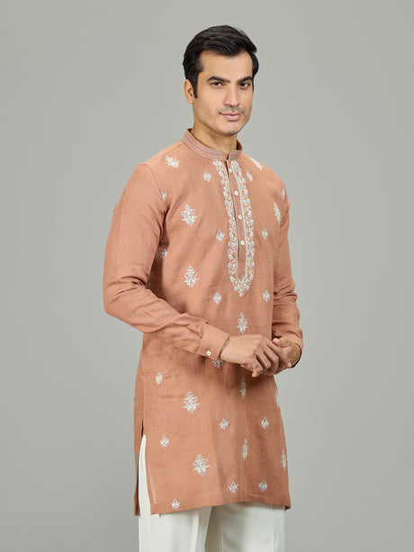 Rust peach botanical linen men kurta