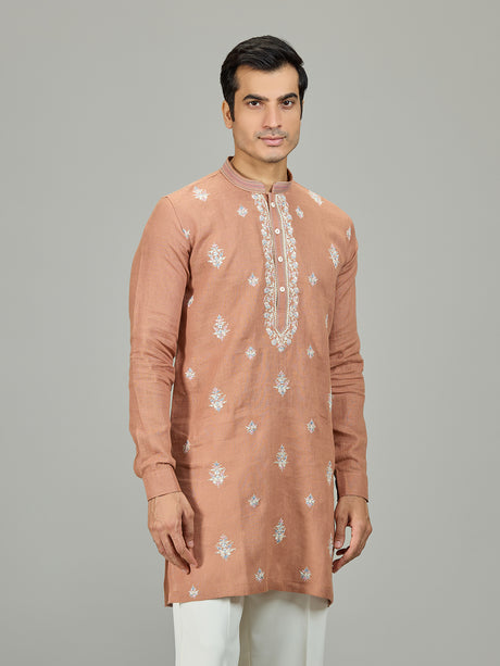 Rust peach botanical linen men kurta