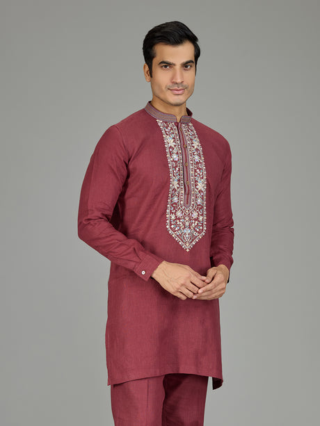 Maroon classic floral linen men kurta