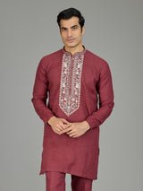 Maroon classic floral linen men kurta