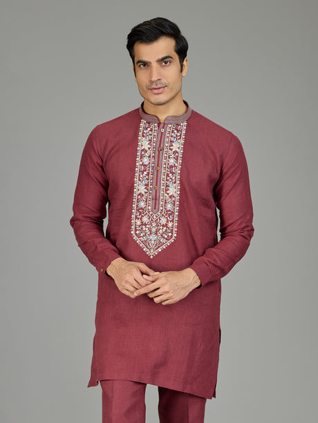 Maroon classic floral linen men kurta