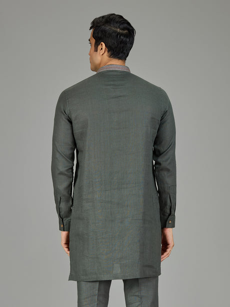 Green attractive floral linen men kurta