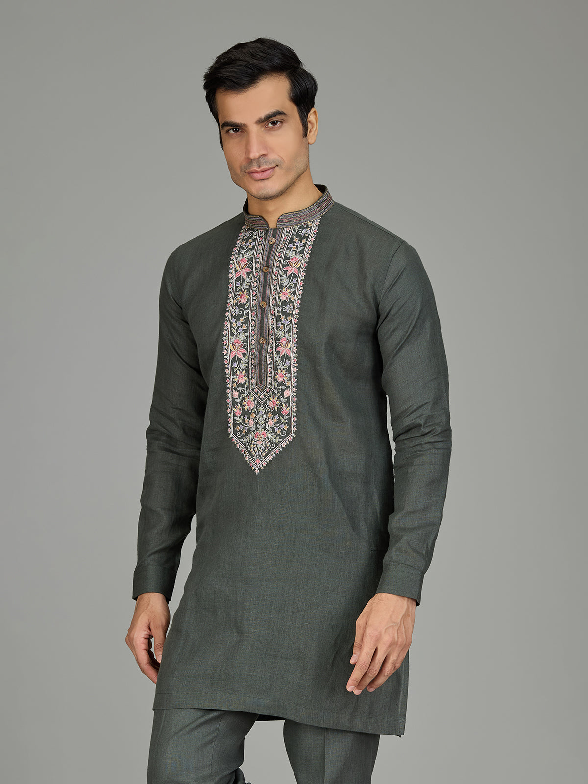 Green attractive floral linen men kurta