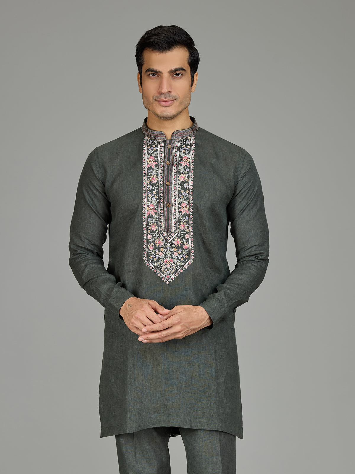 Green attractive floral linen men kurta