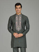 Green attractive floral linen men kurta