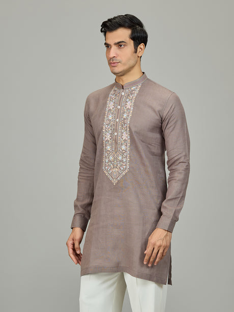 Grey stylish botanical linen men kurta