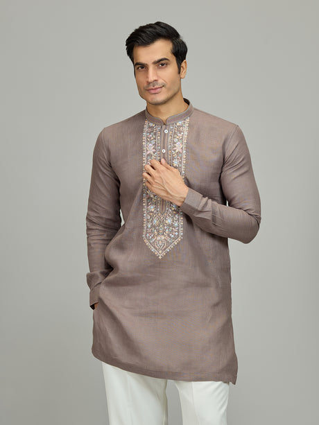 Grey stylish botanical linen men kurta