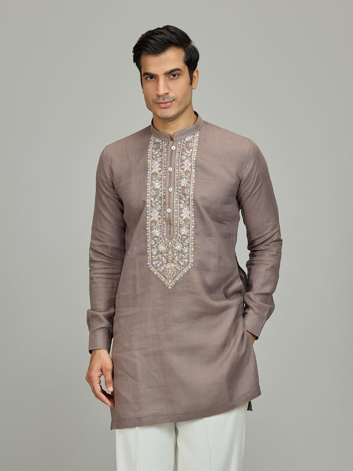 Grey stylish botanical linen men kurta