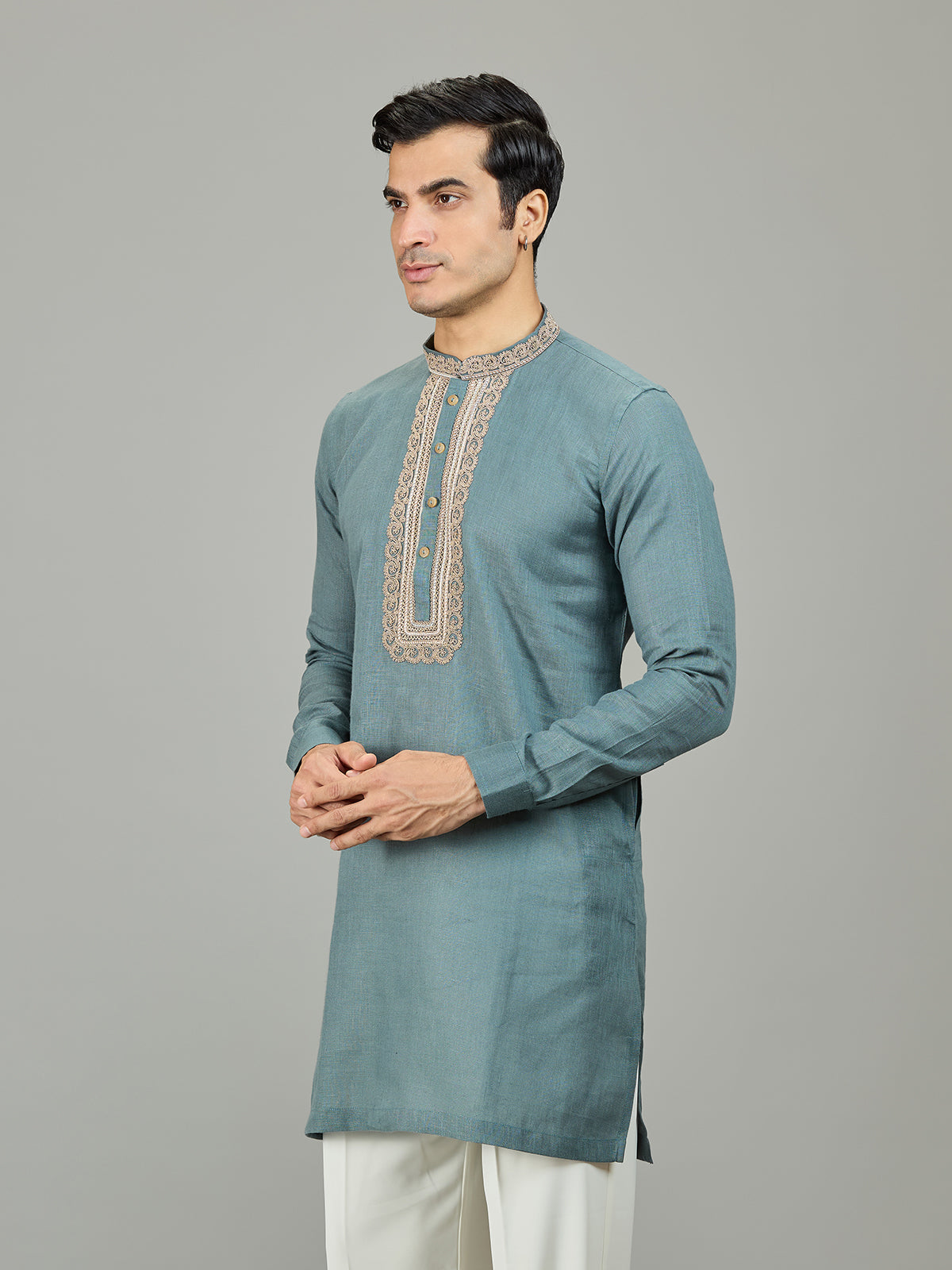 Sage green refined leaf linen men kurta