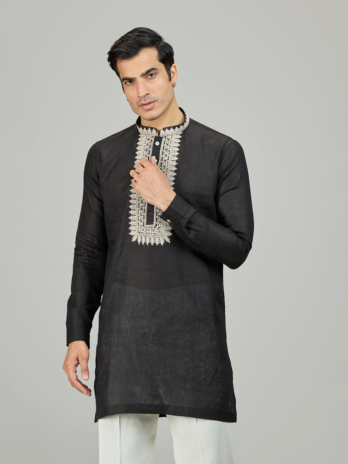 Black signature chikan zardosi linen men kurta