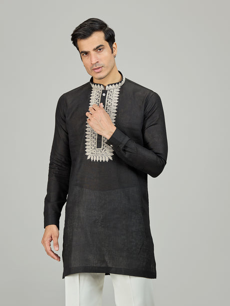 Black signature chikan zardosi linen men kurta