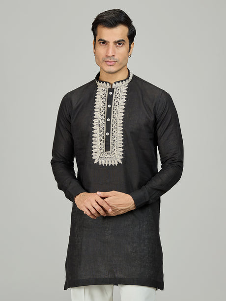 Black signature chikan zardosi linen men kurta