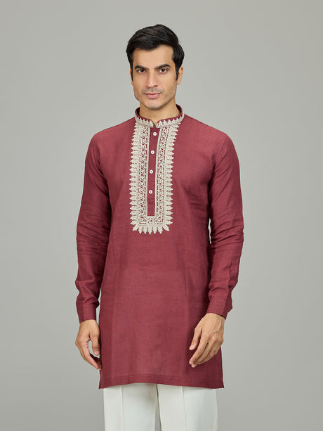 Maroon traditional zardosi linen men kurta
