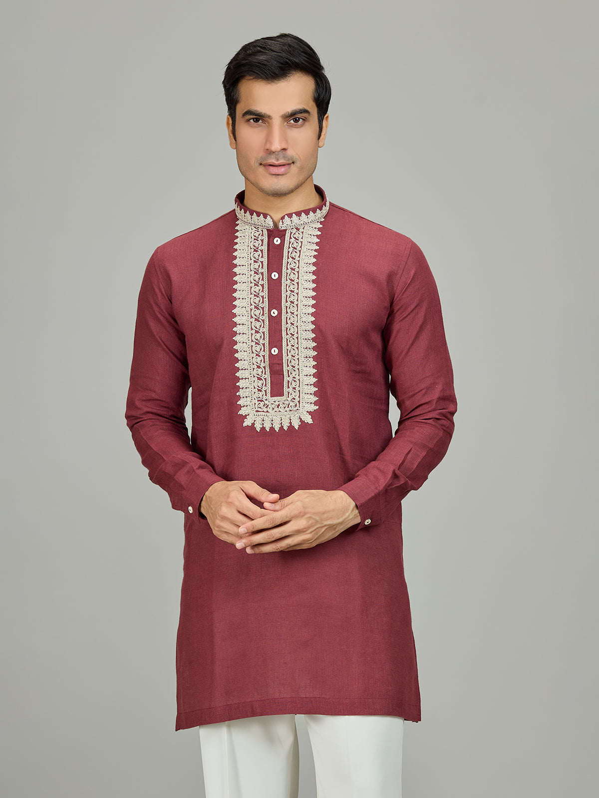 Maroon traditional zardosi linen men kurta