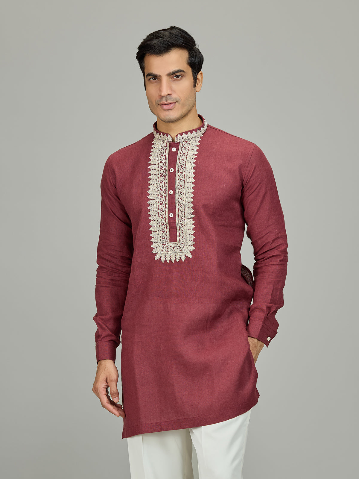 Maroon traditional zardosi linen men kurta