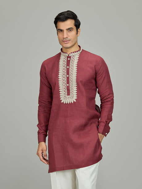 Maroon traditional zardosi linen men kurta
