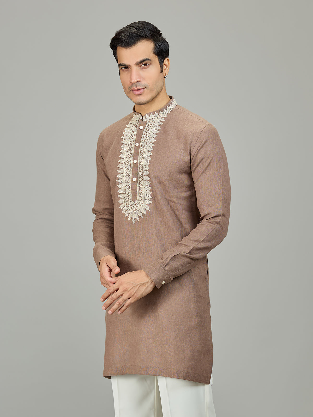 Brown heritage chikan linen men kurta