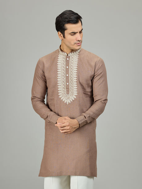 Brown heritage chikan linen men kurta