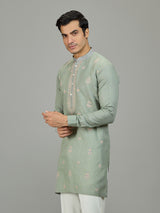 Pista green stylish zardosi linen men kurta