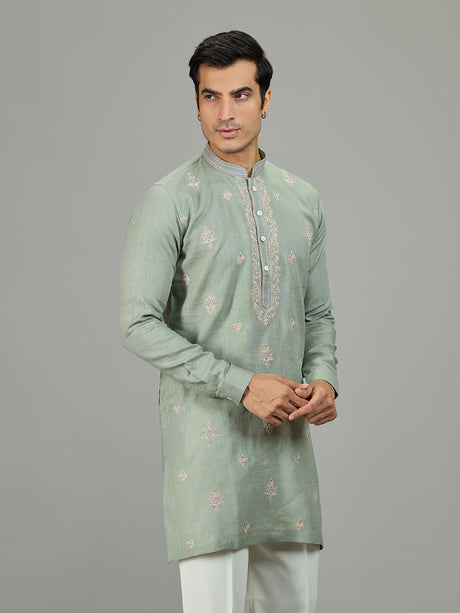 Pista green stylish zardosi linen men kurta