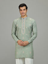 Pista green stylish zardosi linen men kurta