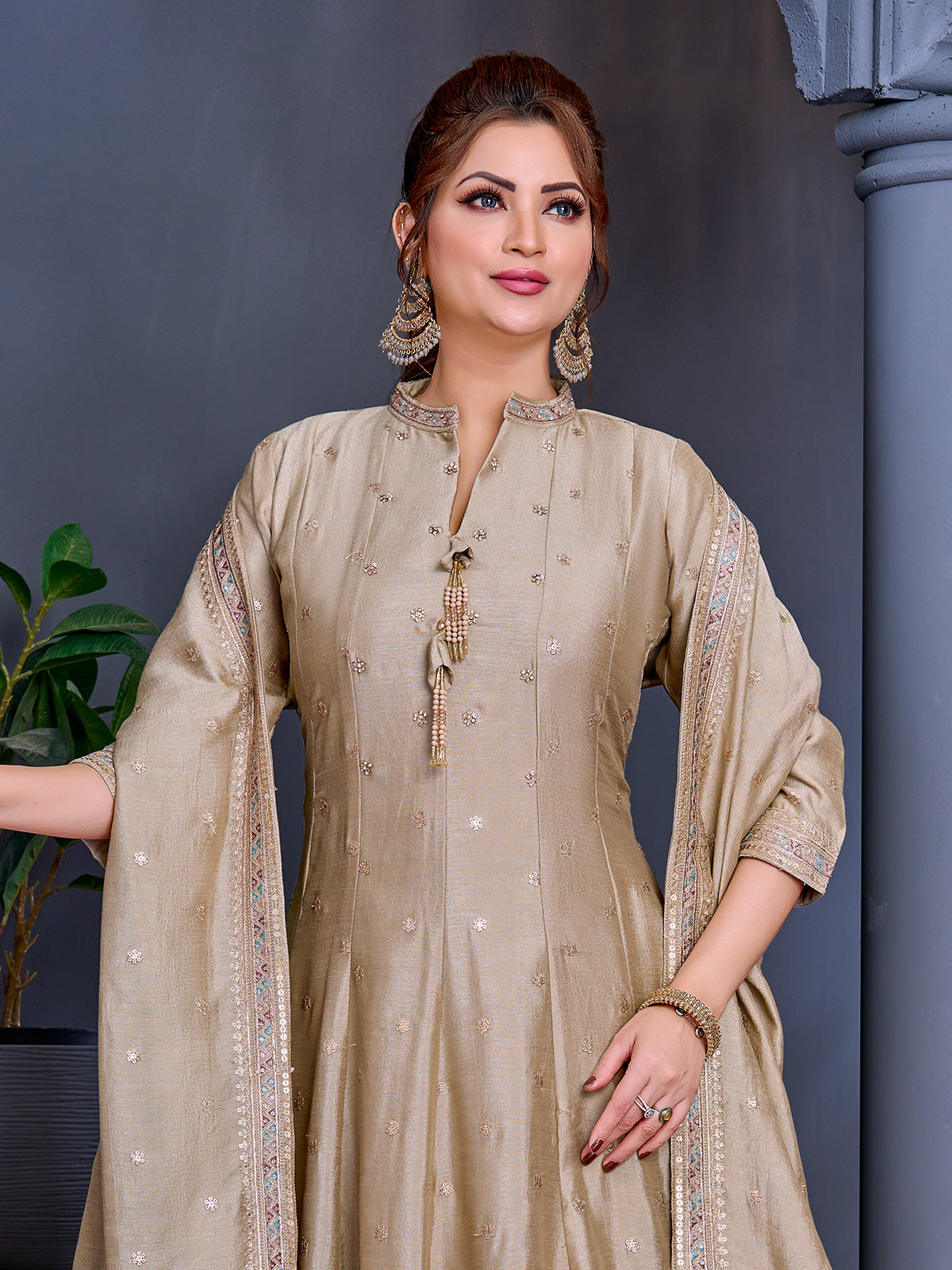 Beige vichitr silk salwar suit with embroidered butti detailing