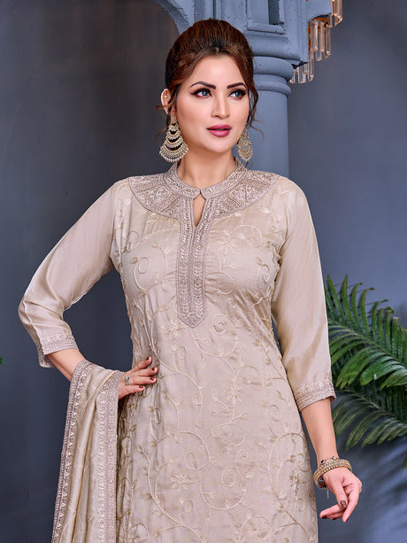 Beige vichitr silk straight-cut salwar suit with floral threadwork