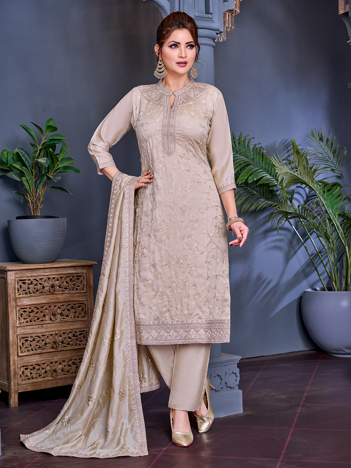 Beige vichitr silk straight-cut salwar suit with floral threadwork